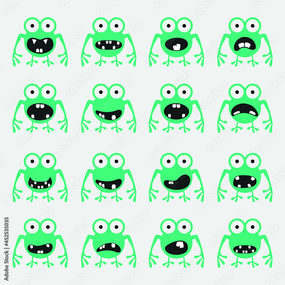 Fototapeta premium set of sixteen cute green frog monsters with emotions isolated on white