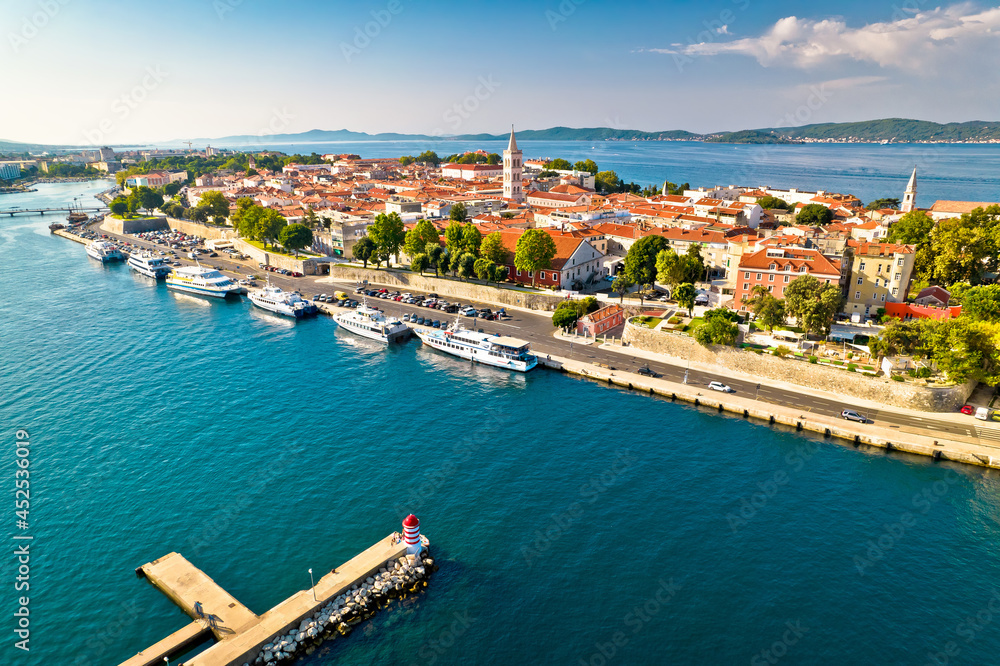 City of Zadar harbor and historic peninsula aerial view