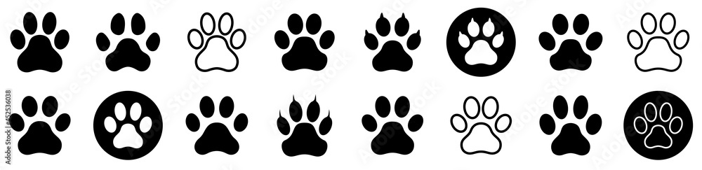 Dog paw print set. Paw icon collection. Vector illustration - obrazy, fototapety, plakaty 