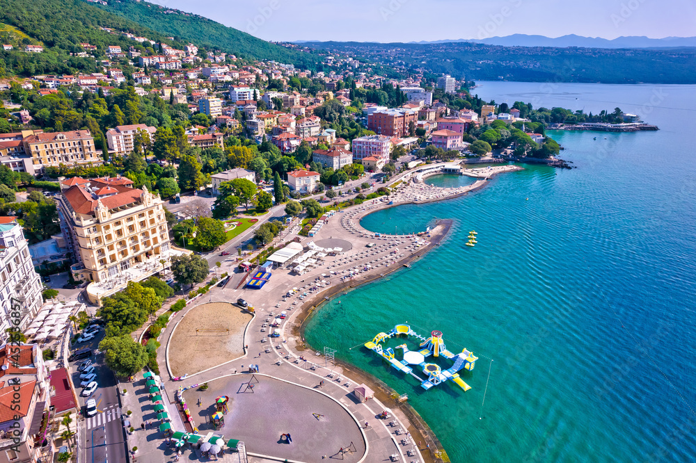 Town of Opatija and Slatina beach aerial panoramic view