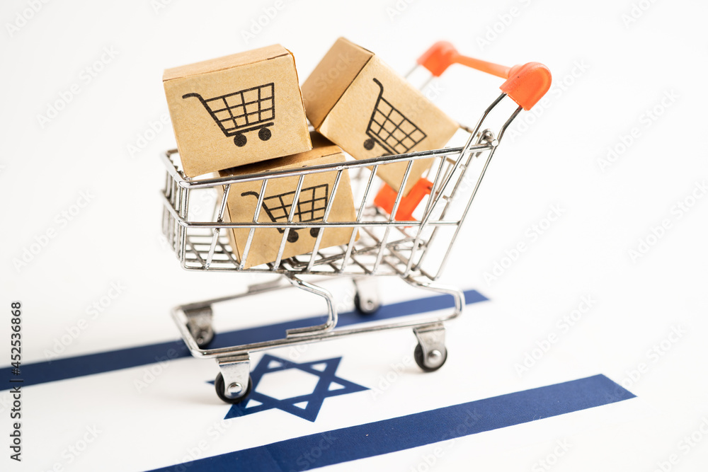 Box with shopping cart logo and Isarael flag, Import Export Shopping online or eCommerce finance delivery service store product shipping, trade, supplier concept.