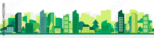 Vector poster with suburban houses and skyscrapers.Modern city in green with houses and trees.Eco city.