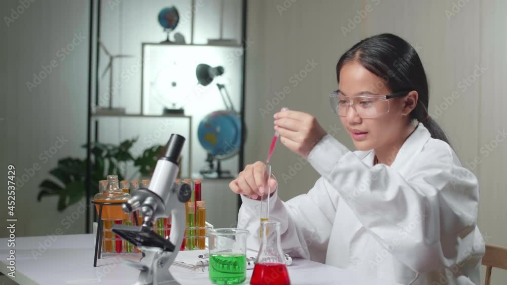 Excited Young Asian Scientist Girl Mixes Chemicals In Test Tube. Child Learn With Interest
Excited Young Asian Scientist Girl Mixes Chemicals In Test Tube. Child Learn With Interest