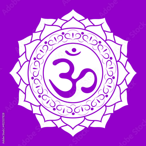 Line drawing.The seventh chakra Sahasrara. The crown or highest chakra with Hindu Sanskrit. Purple is a flat symbol of meditation, yoga. Vector