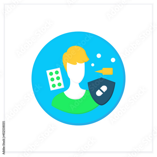 Allergic activity probiotics flat icon. Allergy reaction medication and medical treatment concept. Allergic diseases symptoms, sickness and headache from allergen. Color vector illustration