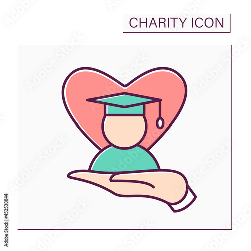  Education development and protection color icon. Material assistance to students icon. Grants and scholarships. Discounts to students. Volunteering and charity concept. Isolated vector illustration