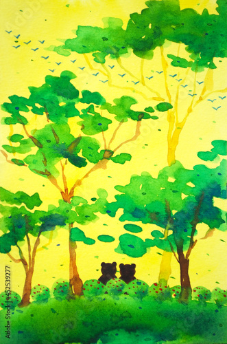 cute couple lover bear love in forest yellow sky art watercolor painting illustration cartoon design drawing