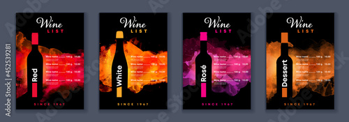Wine list menu cover bundle set of watercolor on black background with shape of wine bottle