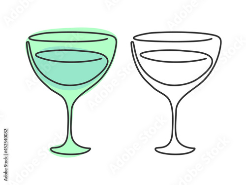 One line drawing vermouth glass on white background. Two kinds colored cartoon graphic sketch and black white. Continuous line way. Hand drawn party drinks concept. Freehand drawing style
