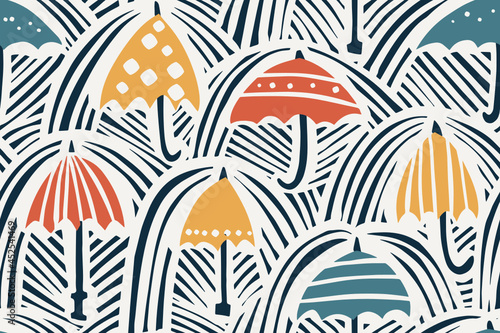 Umbrellas and rain linocut vector seamless pattern - design for fabric, wrapping, textile, wallpaper, background.