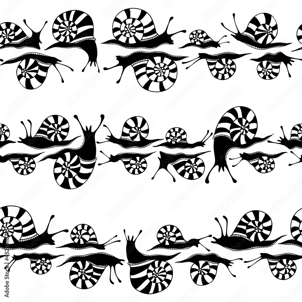 Black and white seamless pattern with snails