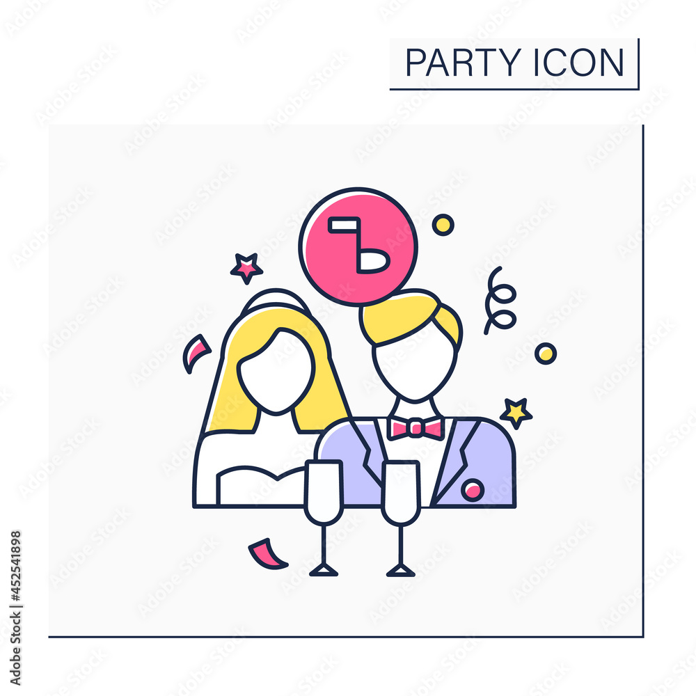 Wedding party color icon. Wedding ceremony.Bride, groom, and attendants. Party for friends and relatives. Celebrating concept. Isolated vector illustration Wedding party color icon. Wedding ceremony.Bride, groom, and attendants. Party for friends and relatives. Celebrating concept. Isolated vector illustration
