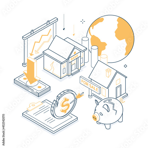 Bankruptcy - yellow and black isometric line illustration