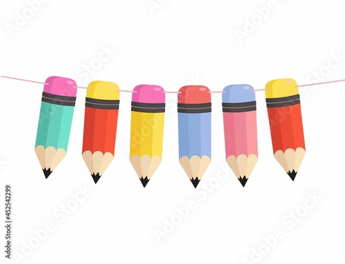 Flat style pencils garland. Colorful decor element for back to school, graduation party, invitation, prints, classroom etc. Vector illustration. Green, red, yellow, blue and pink cartoon pencils.