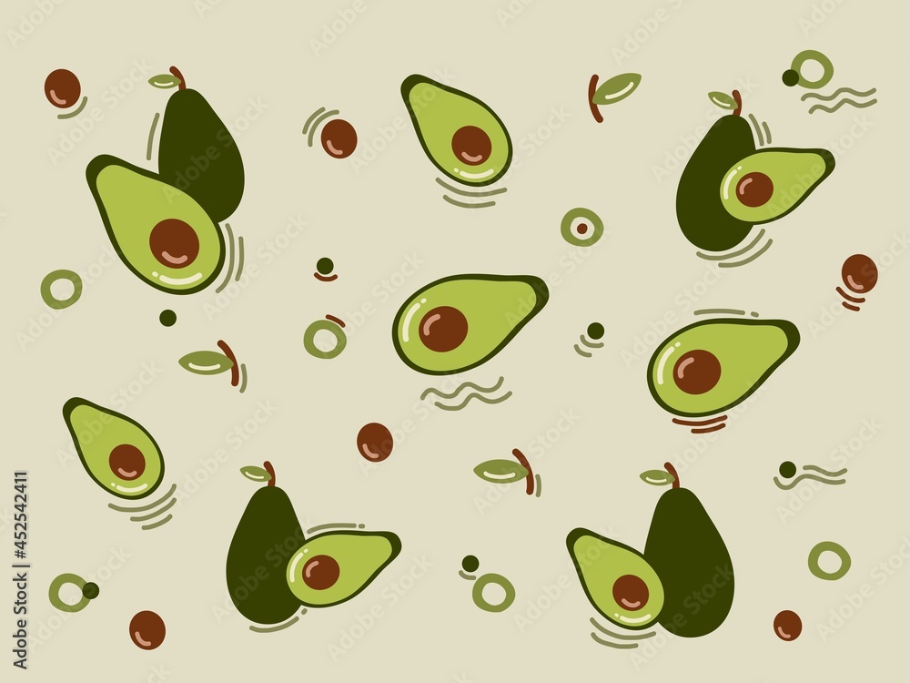 Seamless avocado pattern. Vector on light brown background with avocado slices. Seamless avocado pattern. Vector on light brown background with avocado slices.