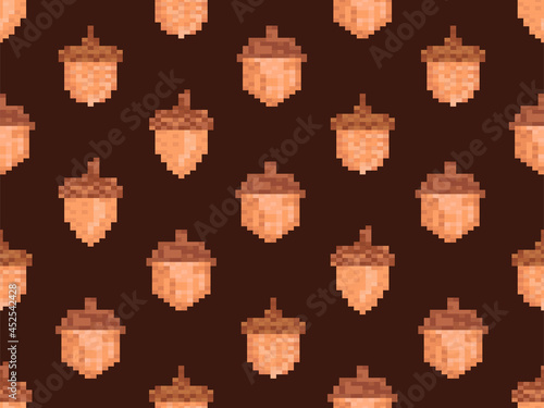Acorns seamless pattern in pixel art style. 8 bit icon acorn, oak symbol. Trend design for printing, wrapping paper and advertising. Vector illustration