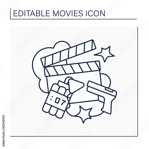 Action movie line icon. Film genre. Fast-moving plot, scenes of violence and active actions. Guns, dynamite, adventure. Movie concept. Isolated vector illustration. Editable stroke