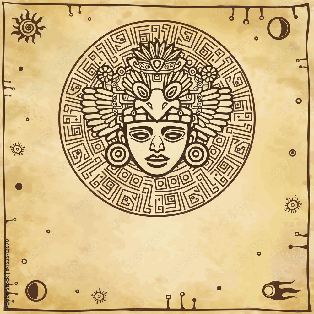 Obraz premium Linear drawing: decorative image of an ancient Indian deity. Space symbols. A background - imitation of old paper. Vector illustration.