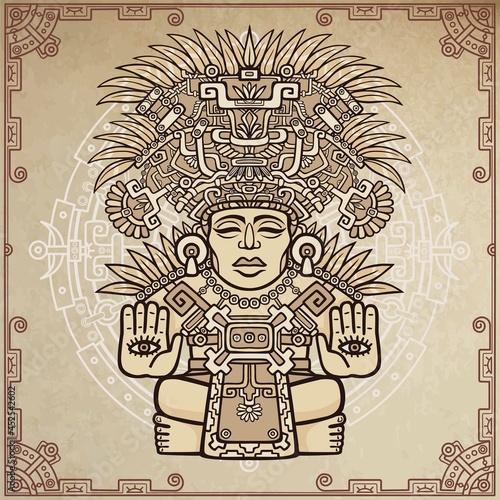 Linear drawing: decorative image of an ancient Indian deity. Motives of art Native American Indian. Ethnic design, tribal symbol. A background - imitation of old paper. Vector illustration.