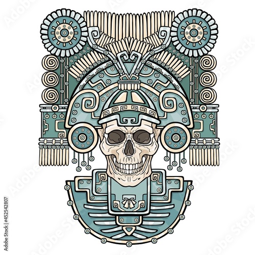 Stylized skull. Pagan god of death. Motives of art Native American Indian. Vector color illustration isolated on a white background. Ethnic design, boho chic. Print, posters, t-shirt, textiles.