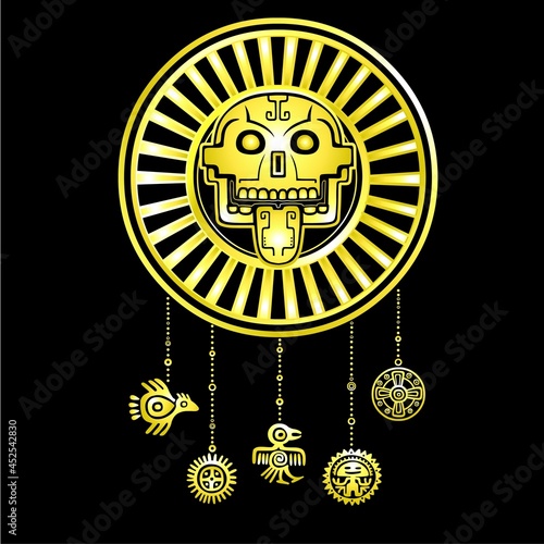 Stylized skull. Pagan god of death. Motives of art Native American Indian. Ethnic design, boho chic, tribal symbol. Gold imitation. Vector illustration isolated on a black background. photo