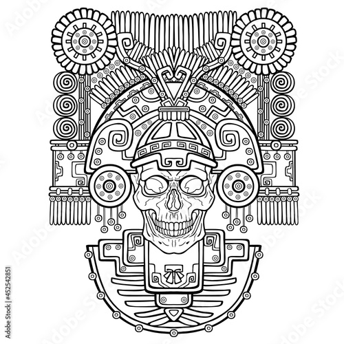 Stylized skull. Pagan god of death. Motives of art Native American Indian. Vector illustration: the black silhouette isolated on a white background. Be used for coloring book. Print, posters, t-shirt. photo