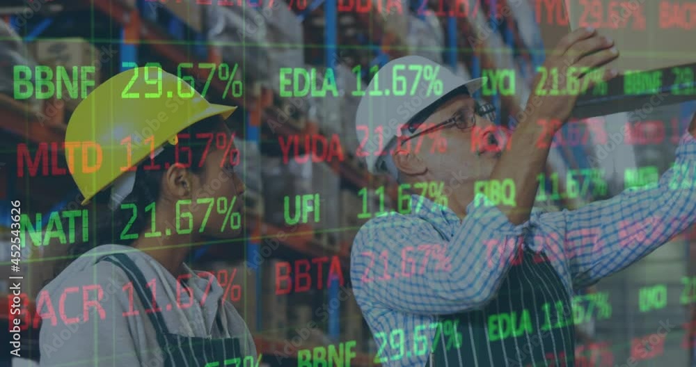Animation of financial data processing over man and woman working in warehouse Animation of financial data processing over man and woman working in warehouse