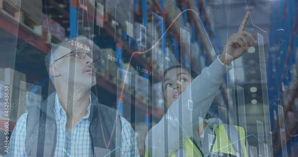 Animation of statistics and financial data processing over man and woman working in warehouse Animation of statistics and financial data processing over man and woman working in warehouse
