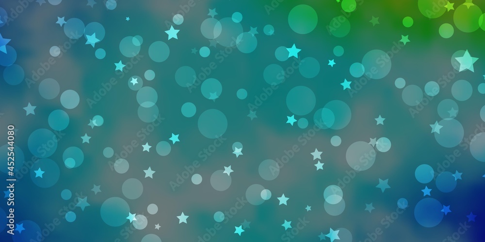 Light Blue, Green vector pattern with circles, stars.