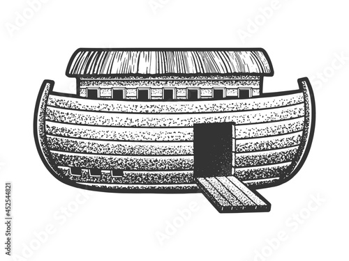 Noah's Ark sketch engraving vector illustration. T-shirt apparel print design. Scratch board imitation. Black and white hand drawn image.