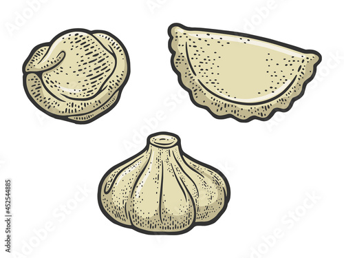 set of dumplings color sketch engraving vector illustration. T-shirt apparel print design. Scratch board imitation. Black and white hand drawn image.