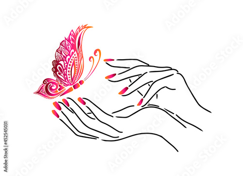 Beautiful female hands. Nail studio. Nail polish logo. Mixed media. Multicolored butterflies. vector illustration