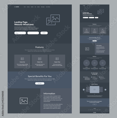 Website wireframe landing page. Dark design template for business. One page site layout interface. Modern responsive design. UX UI elements: home, features, specials, information, options, advantages.