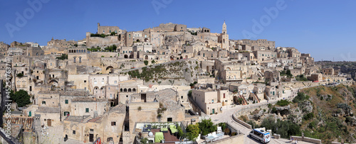 Matera, Italy - August 17, 2020: View of the Sassi di Matera a historic district in the city of Matera, well-known for their ancient cave dwellings. Basilicata. Italy
