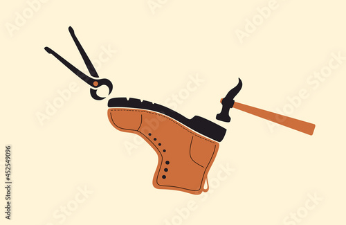 Repair shoe. Bootmaker, shoemaker, cobbler. Shoemaker's tool, hammer and pincers. Boot, footwear image color. Tailored handmade shoe. Сustom shoe atelier, workshop. Flat vector illustration. Isolated.