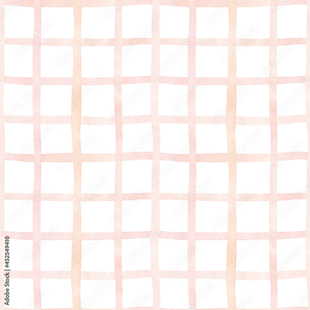 Checkered watercolor seamless pattern. Grid abstract background in pastel  colors. Muted pink and peach shades. Perfect for wrapping paper, covers,  prints, invitations, decorations, cards. Stock Illustration