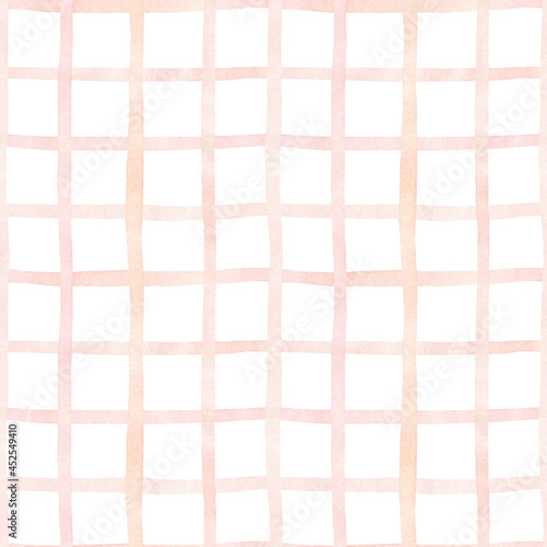 Checkered watercolor seamless pattern. Grid abstract background in pastel colors. Muted pink and peach shades. Perfect for wrapping paper, covers, prints, invitations, decorations, cards.
