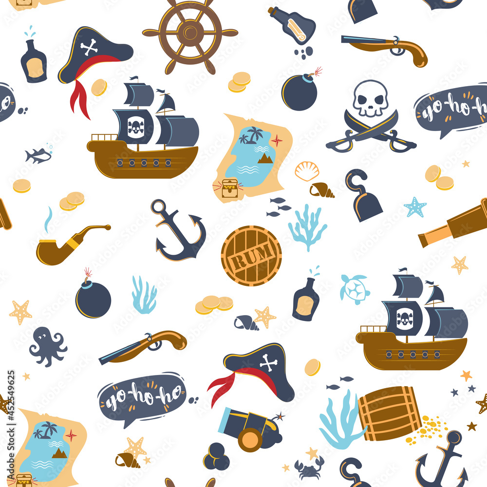 A set of pirate items. A pirate hat, a hook, a treasure map, coins and ...