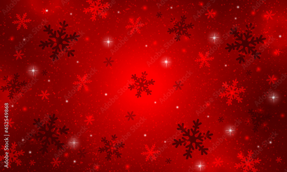 Red christmas background with lights and snowflakes.