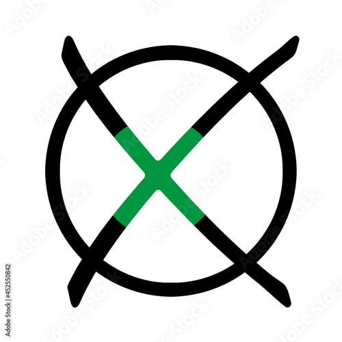 Symbolisches Wahlkreuz schwarz grün auf weissem Hintergrund photo