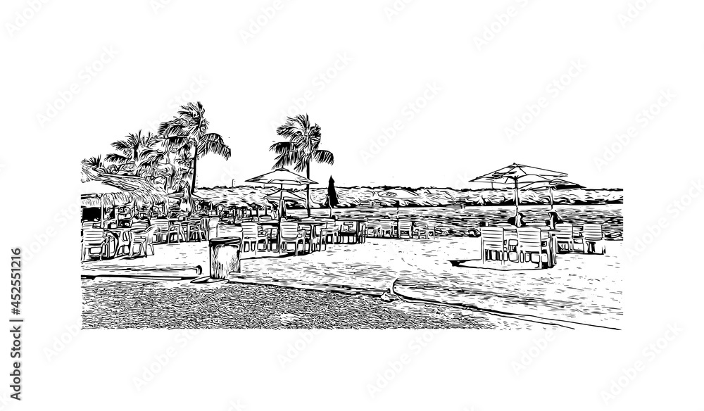 Building view with landmark of  Key Largo is the 
census place in Florida. Hand drawn sketch illustration in vector.