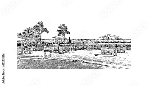 Building view with landmark of Key Largo is the census place in Florida. Hand drawn sketch illustration in vector.