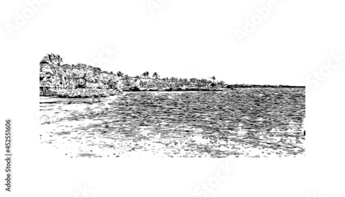 Building view with landmark of  Key Largo is the 
census place in Florida. Hand drawn sketch illustration in vector.