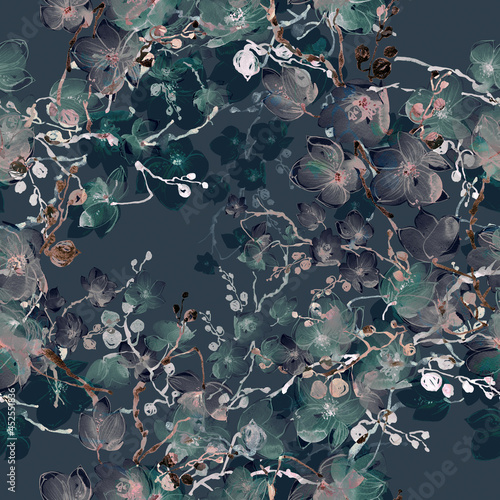 Abstract seamless floral print drawn exotic flowering branches. Beautiful print for decoration of textiles and design. Light pastel art background.
