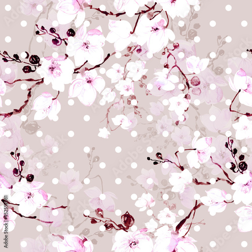 Abstract seamless floral print drawn exotic flowering branches. Beautiful print for decoration of textiles and design. Light pastel art background.