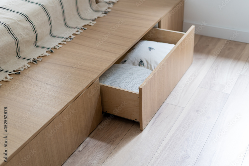 Bedroom interior, wooden bed at modern room. Bedroom interior, wooden bed at modern room.