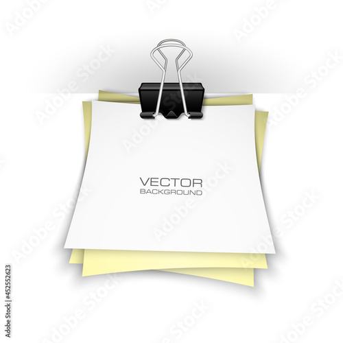 Clothes peg office sticker banner. Clerical pin for paper background. Office clip with paper sticker poster. Clerical clerk with paper sheet sticker