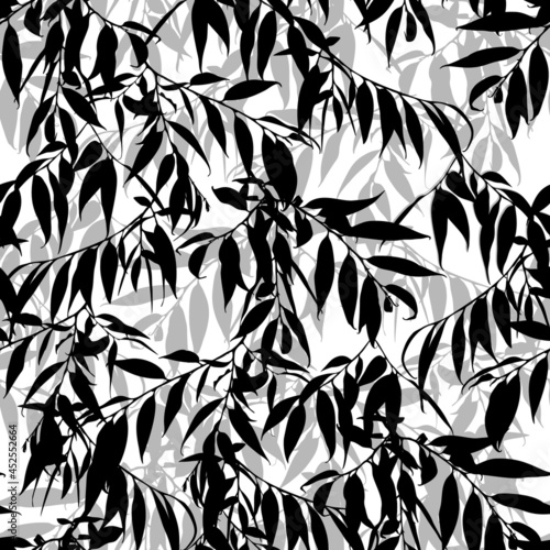 Monochrome vector cute seamless pattern with willow leaves isolated on white background.
