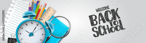 School banner or header. Stationery supplies on white background with lettering. Realistic 3d vector illustration.