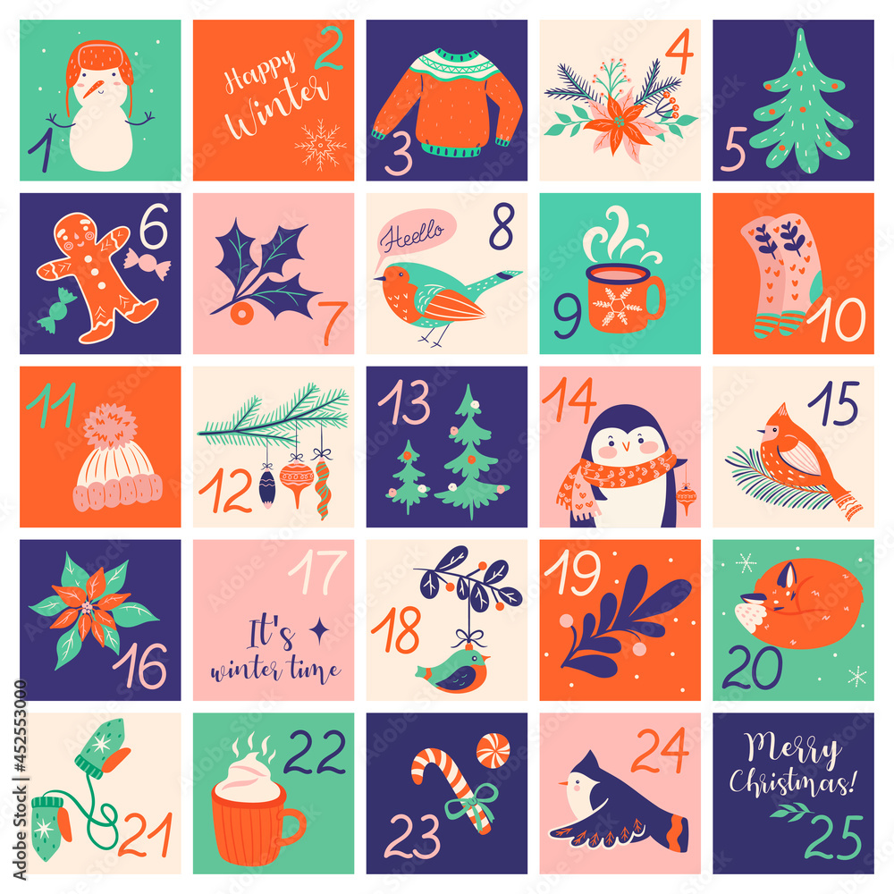 Christmas advent calendar with hand drawn elements. Vector graphics.